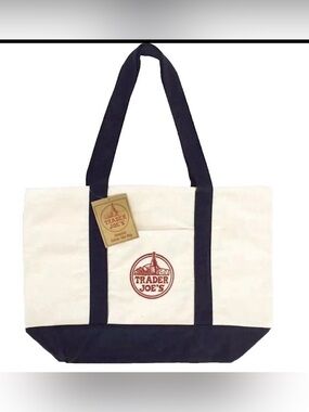 Trader Joe's White and Navy Canvas Tote bag